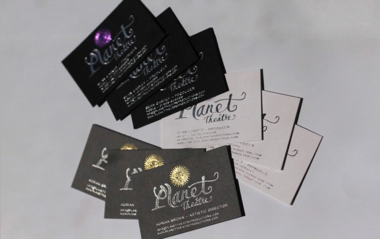 An example of various foil embossed cards, with artistic calligraphy. Hand-made paper. Using copper, silver and gold embossing.