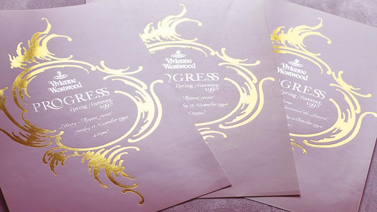 Artistic calligraphy in Rococo style devised for Vivienne Westwood Haute Couture shows. Showing example of silver foil embossing, upon silk-screen Fashion Show invitations