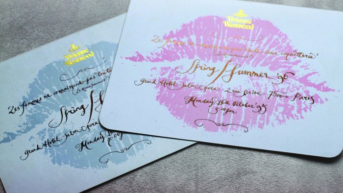Artistic calligraphy in Rococo style, for Vivienne Westwood Haute Couture shows. Silver & Gold foil-embossed, silk-screen Fashion invitations