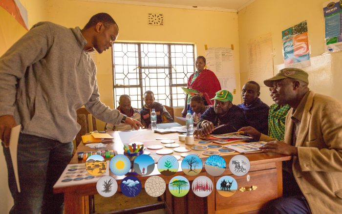 Science infographic communication tools being used in workshops in Maasai reservations. Soil erosion on Pastoral land in the Rift Valley of Tanzania.